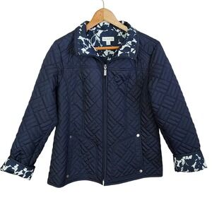 Susan Graver Womens Navy Blue Quilted Zip‎ Front Jacket Floral Lining Coastal M